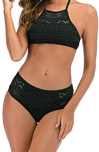 Ocean Plus Damen Spitze Hochgeschlossen Bikini Set Schleife Mesh Tank Top Beachwear X-Back Zweiteilig Tankini (S (EU 32-34), Schwarz)