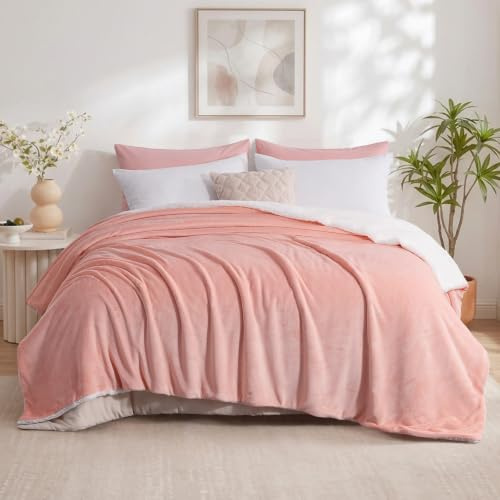 Aisbo Sherpa Fleece Sofa Blanket, 220 x 240 cm, Winter Sofa Throw, 220 x 240 cm, Sheep Pink, Soft and Warm