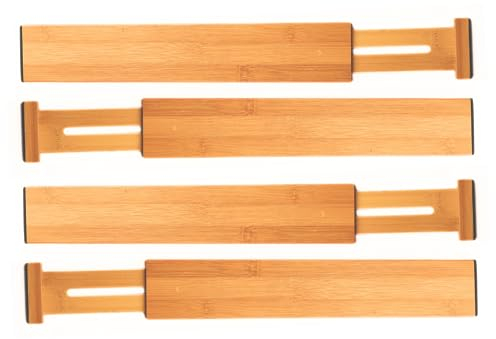 4-Pack Drawer Dividers – 100% Natural Bamboo Drawer Dividers – Sturdy & Durable, Tension-Loaded Spring Design for Easy Installation - Extendable & Adjustable Kitchen Drawer Organiser