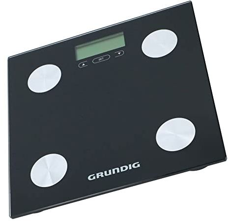 Grundig Waage Personenwaage - Digital - mit Körperanalyse: Körperfett und Muskelmasse - Speicher für 12 Personen - Max 180 Kg - Glas - Schwarz