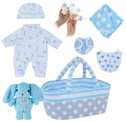 BABESIDE 8 Pcs Baby Doll Clothes Set with Bassinet for 10-12 Inch Dolls, Cute Baby Doll Clothes and Accessories Set for Realistic Babydolls Boy, Blue
