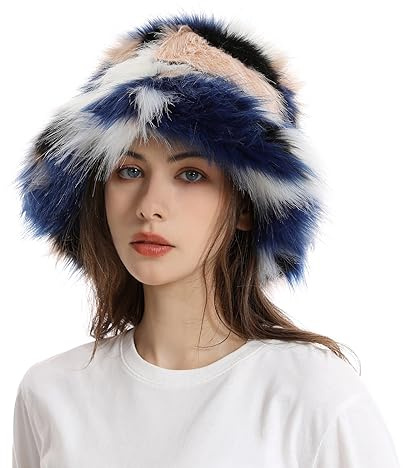 Faxianther Colorful Faux Fur Bucket Hat, Men Women Fluffy Rainbow Halloween Christmas Party Night Club Fisherman Hats Cloche Hats Windproof Warm Travel Driving Camping Cap Beanie Headwear