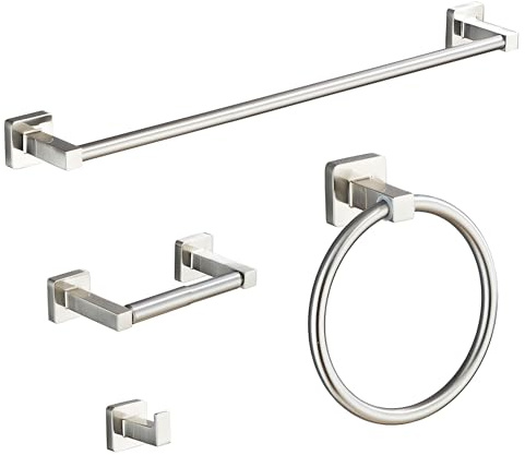 Brushed Nickel Bathroom Hardware Set 4 Pieces,Bathroom Accessories Set Stainless Steel Wall Mounted, Hand Towel Bar, Towel Ring, Robe Towel Hooks,Toilet Paper Holder,Towel Bar Set, 23.6 Inch