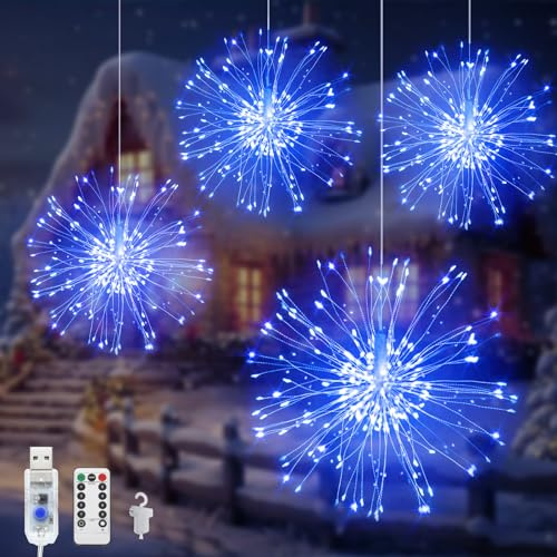 Acxilexy 4 Pezzi Luci Fuochi d'Artificio, 480 LEDs USB Fuochi D'Artificio Luci Sospese con 8 Modalità, Impermeabile Filo di Rame Luci Stringa, Telecomando, Catene Luminose per Feste Giardino