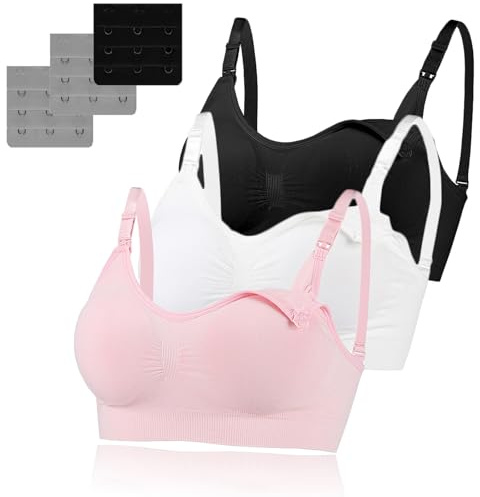 Baycat 3 Pack Women's Nursing Bra, Seamless Wire-Free Nursing & Sleep Maternity Bras, Comfortable Night Nursing Bra with Removable Breast Pads & Extenders (L,Black/White/Pink)