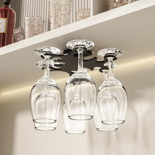 Vaisoeny 360° Rotating Wine Glass Rack, Under-Shelf Hanging Holder, Easy Installation Storage for Kitchens and Bars (Black)