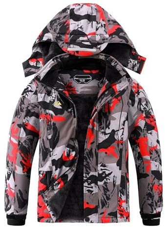 OHSNMAKSL Wasserdichte Skijacke für Jungen, warm, Winter, Schneemantel, Kinder, Fleece, Snowboardjacken, dicke Kapuze, winddichte Mäntel, Rot/Camouflage, 14-16