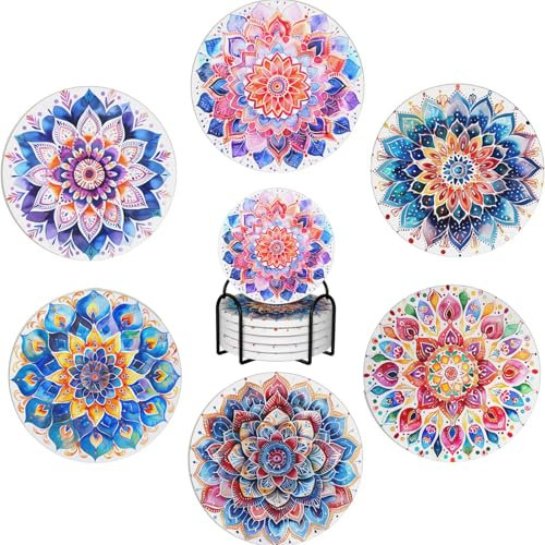 Boho Coasters Set of 6, Coasters for Drinks Absorbent Stone with Holder, Mandala Flower Ceramic Drink Coaster for Tabletop Protection, Coffee Table Decor Ideal for Home Decor House Warming Gifts