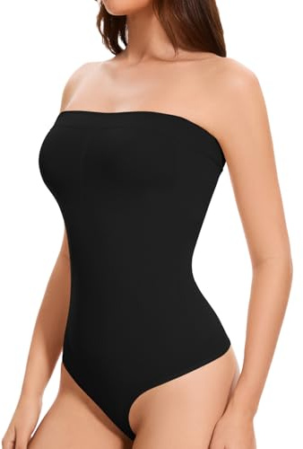 ONEW Strapless Bandeau Shapewear Bodysuit for Women Cami Thong Bodysuit Top with Removable Spaghetti Straps Tummy Control Tanga Body Shaper Black S