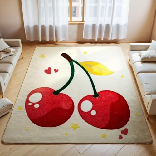 Tospass Kinderzimmer Teppich Weicher Waschbarer Kinderteppich Spielteppich Junge Mädchen Kirsche Muster Pastell Kurzflor rutschfest Wohnzimmer Teppich, 60x90 cm