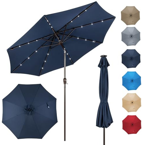 RELAX4LIFE Parasol Inclinable LED Dia.3M avec Éclairage Solaire, 8 Baleines, Inclinaison Réglables Parasol de Jardin Extérieur pour Balcon Terrasse Patio Café Bistro (Φ300x250cm,Bleu marine)