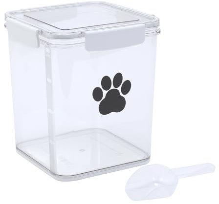 Lolytama 4L Dog Food Storage Container,Airtight Pet Food Storage Containers with Buckle-Lock Lids & Spoon,Plastic Cat Food Bin BPA Free,Dog Treat Container for Dog, Cat, Bird Seed - Bright White