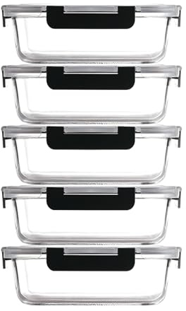 Glass Food Storage Container with Lid 5pcs, 1040ml Reusable Airtight Glass Lunch Meal Container Stackable Tableware Organization and Storage, Safe for Microwave Ovens Refrigerators Dishwashers (Black)