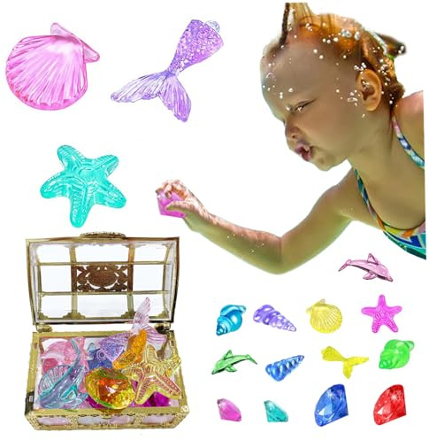 NIDONE Giocattoli da Immersione 16 Pezzi Gemme da Immersione per Bambini con Scrigno del Tesoro A Tema Oceano Pietre preziose di Diamanti acrilici Colorati Giocattoli Bomboniere