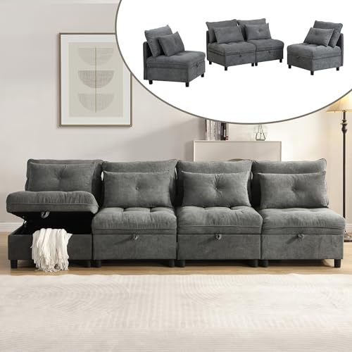 Sofá de esquina convertible Sapgaks, sofá convertible de 4 plazas, sofá cama de 4 plazas con almacenamiento debajo de todos los cojines del asiento, función de dormir, tapizado de chenilla, gris