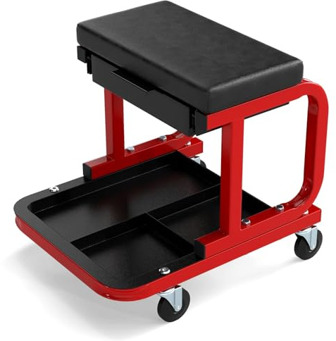 GOPLUS Tabouret Atelier à roulettes Charge 185 KG, Tabouret de Mécanicien avec 4 roulettes Pivotantes à 360°, Siège Rembourré, Tiroir Extensible et Plateau à Outils, pour Garage & Atelier (Noir)