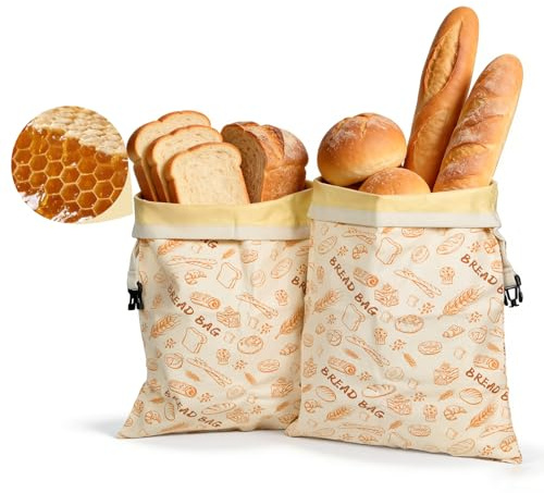 Beeswax Bread Bags Suitable for Sourdough Bread, Extend the Shelf Life of Homemade Loaf, 17 x 13-Inch Reusable Natural Beeswax Food Storage Bags, Storage Container for Homemade Baking（2 Pack）