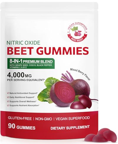 Beet Root Gummies 8-in-1 Premium Blend with Grape Seed, CoQ10, Vitamins C & B12 4000 mg Beet Equivalent Per Serving, Mixed Berry Flavor, 90 Gummies