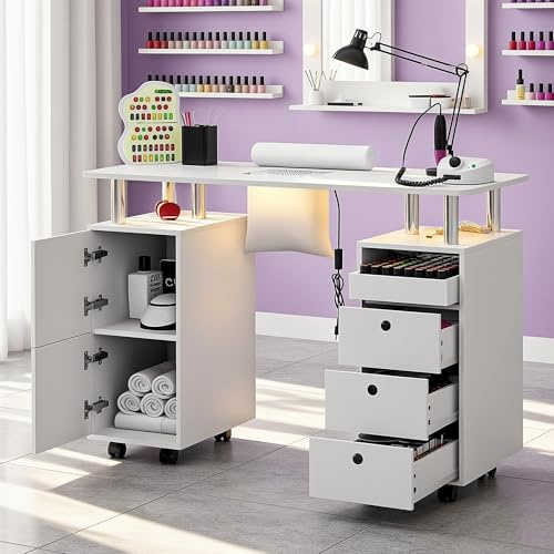 LED Manicure Table w/Built-in Dust Collector&4 Dust Bag,Rolling Nail Desk | Nail Table with 3 Drawer&2 Cabinet &Lockable Wheel&Wrist Rest for Beauty Nail Salon,Nail Workstation (White)