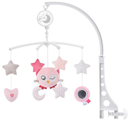 Musical Baby Mobile for Cot and Stroller, Rotating Nursery Toy with Soothing Melodies, Soft Plush Hanging Rattles, Portable Wind Chime fits Newborns, Soft Neutral Owl