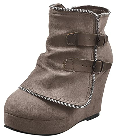 XOUSAEKM ankelstövlar för kvinnor UK boho slouch mocka plattform kilstövlar, Khaki, 39 EU