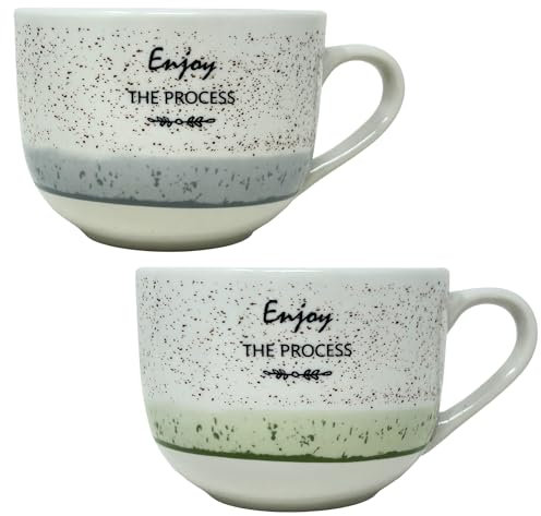 NAMAI - Set di 2 Tazze Colazione Grande, 450 ML, 11CM Diametro x 8,5 CM Altezza, Porcellana Resistente, Adatte in Lavastoviglie e Microonde, Colori Vivaci, Idea Regalo (Tazze Granuli Grigio + Verde)