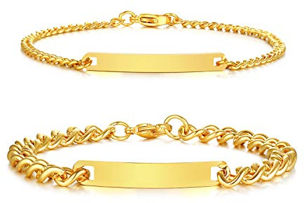 VNOX Personalisierte Gravur Paar Armbänder Personalisierbaren Armbänd Familie Armbänder|Partnerarmband für Paare|Pärchen Armband (2 Stück-Gold Plated-4mm&7mm)