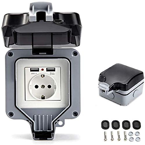 Prise de courant IP66 avec ports USB - Prise murale électrique étanche - Prise extérieure - Montage en saillie - Contact de protection