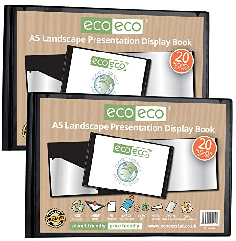 eco-eco eco094 x 2 A5 50% recyceltes Präsentationsbuch mit 20 Taschen, Querformat, schwarze Aufbewahrungsbox, Portfolio, Kunstordner mit Kunststoffhüllen, 2 Stück