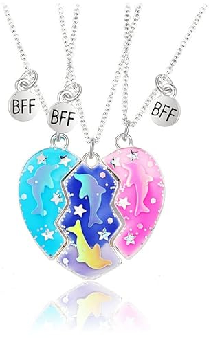Hifot 3 Stück Halskette Damen Silber Freundschaftskette, Bff Ketten für 3 Mädchen, Kette Herz Anhänger, Delfin Sternen Halskette Lang für Frauen Freundin Geschenk Personalisierter Schmuck