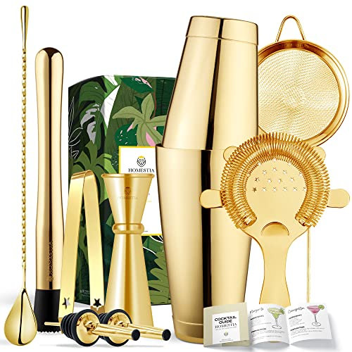 Homestia Gold Boston Shaker Set, Martini Cocktail Shaker Set, Boston Shaker, Barsil, Barjigger, Muddler, Barsked, Tång, Pourers 9 st Barverktygssats med receptkort