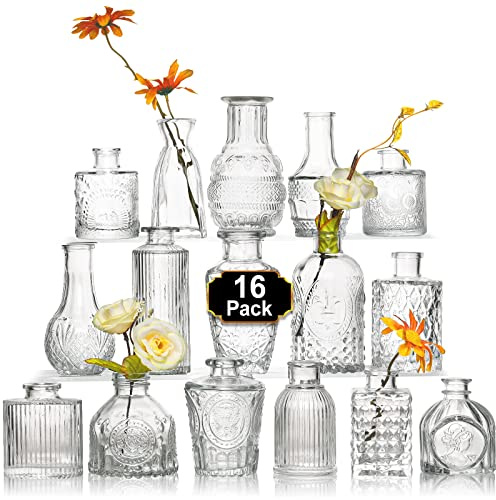 Arme 16Pcs Glass Bud Vase Set，Small Flower Vase for Centerpieces，Clear Bud Vases in Bulk， Mini Vintage Vase for Rustic Wedding Decorations