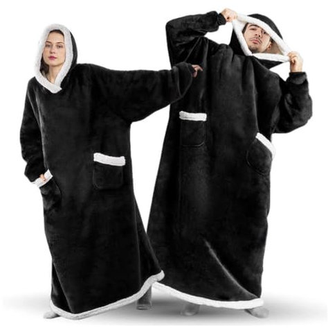 DOUUCO Oversized Wearable Blanket Hoodie, Unisex, Black, Extra Long, Sherpa Fleece, Cotton Lined, Long Sleeve, Casual, Winter, Gift