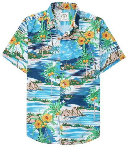 Dubinik® Hawaii-skjorta, kortärmad skjorta, sommarskjorta, Aloha-skjorta, button down, fritidsskjorta för män, Hawaii-skjorta, män, normal passform, Ö och kokospalm, 3XL