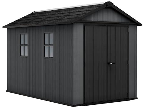 Keter Newton 7511 Gartenhaus aus Kunststoff mit Tür und 2 Fenstern, 14m³ Stauraum, 350x230x246 cm, Grau, Gerätehaus, Geräteschuppen