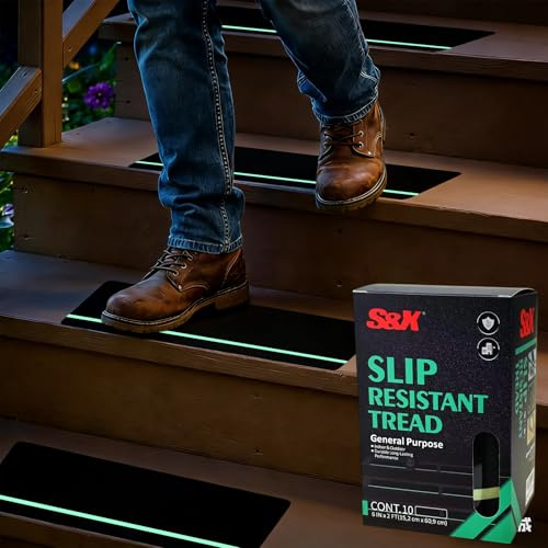 S&X Outdoor Stair Treads Non-Slip Tape 6” x 24”, 10-Pack Pre-Cut Anti Slip Tape with Glow-in-The-Dark Strip - Premium Grip Tape for Stairs, Steps, Ramps, Decks, Boats, and Trailers