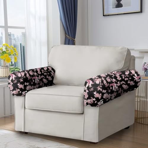 GOSTONG Hummingbird Print Stretch Armrest Covers Cherry Blossom Arm Covers for Chairs Couch Sofa Armchair Slipcovers for Recliner Sofa with Twist Pins 2pcs, Couch Cushion Covers Sofa Cushion Covers