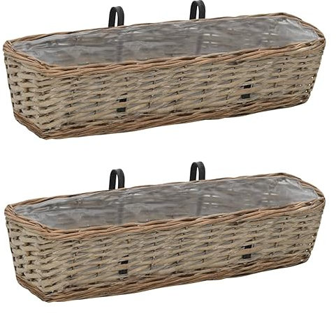 Homgoday Jardinière de Balcon 2 pièce Osier avec Doublure en PE 60 cm, Lit Surélevé de Jardin pour Cultiver Fleurs Plantes, Bac de Plantation pour Terrasse Balcon Extérieur