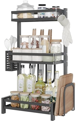 NETEL Gewürzregal Stehend Küche,Gewürz organizer für Arbeitsplatte Aufbewahrung,3 Etagen Gewürzständer mit Utensilienhalter，Messerhalter & Haken,Schwarz