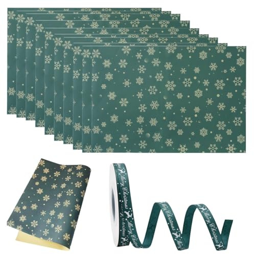 Papel Regalo Navidad, 10 hojas de papel de regalo navideño verde de 50 x 70 cm y 1 rollo de cinta roja de 23 m, Papel de Regalo Kraft Impreso con Estrellas y Copos de Nieve