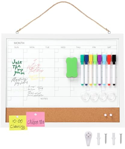 Whiteboardkalender och korktavla för vägg, magnetisk 43 x 35 cm torr raderbar kalender med vit ram, 2-i-1 vit tavla korkbräda, kombination, köksplanerare kontor kalender lektionsplanerare