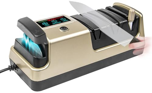 BAUSATZ Afilador de cuchillos eléctrico profesional de 3 etapas con abrasivos 100% de diamante, pantalla LCD variable de 3 velocidades, afilador de cuchillos eléctrico para cuchillo recto, cuchillo