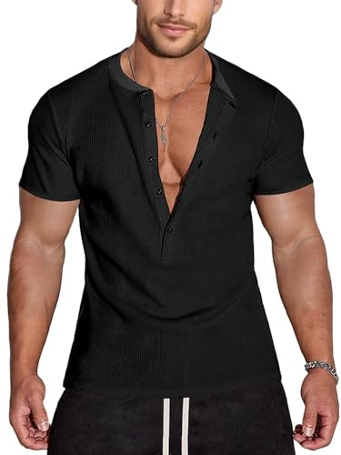Agilelin Hombres Henley Camiseta,Diseño de Gofre y 5 Botones,Shirts Cuello Redondo Manga Corta（Black/S）