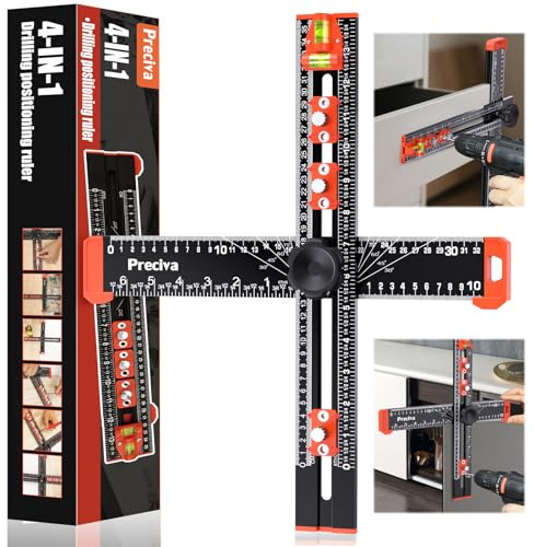 Preciva 4-in-1 T-Square Ruler & Drilling Jig, Adjustable 40cm/16 Cabinet Hardware Template Tool with Angle Guide, Bubble Level & Metric/Imperial Scales for Woodworking, Drawer & Door Installation