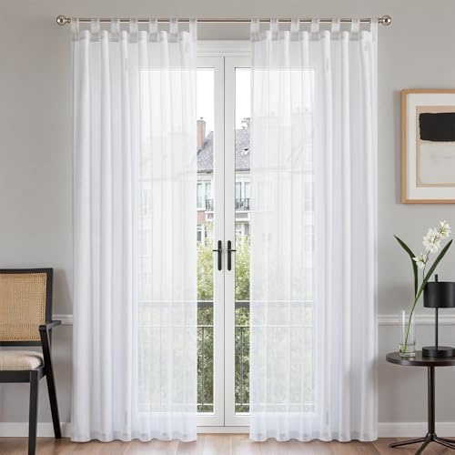 TOPICK Set di 2 tende con passanti, per soggiorno, camera da letto, effetto lino, altezza 200 x 140 cm, con passanti, colore: bianco