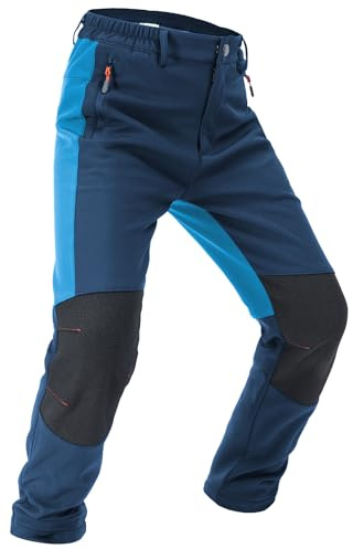 Boy's Snow Fleece Lined Pants Softshell Waterproof Windproof Outdoor Hiking Pants Kids Girls Insulated Skiing Snowboard Size 12-14 Navy&Blue L
