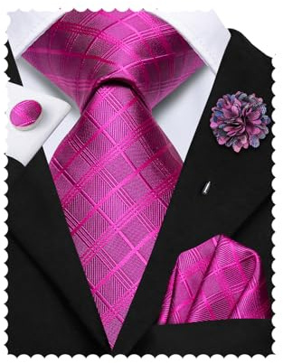 Hi-Tie Mens Hot Pink Checkered Ties Set Classic Necktie Lapel Pin Pocket Square Cufflinks Sets Formal Business Wedding