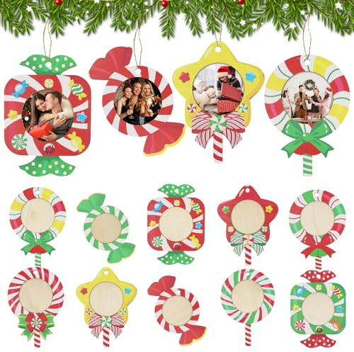 10 pcs Marcos de Fotos Adornos de Navidad de Madera, Decoración para Árbol de Navidad, Colgar fotos de Navidad para árbol, Colgante de árbol de Navideño Adornos de Madera para Fiestas, Familia, Regalo