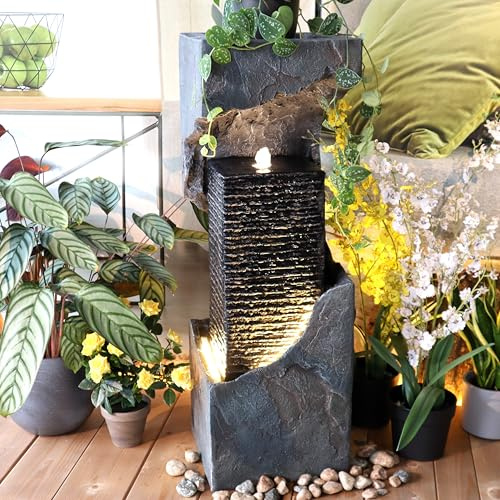 Wacredo Premium vattenspel komplett set Nepal inomhusfontän brunn traditionell källa för vardagsrum och trädgård med 2 LED-remsor + 1 x LED-strålkastare handmålad