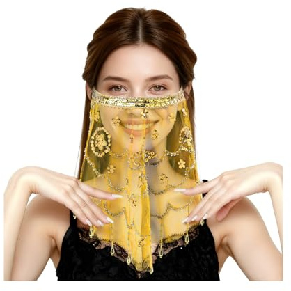 Voile de Visage à Paillettes Veille de visage de danse du ventre pompon réglable Veille de visage en mousseline avec des perles Accessoire de Déguisement pour Carnaval,Cosplay pour Femme (Jaune)